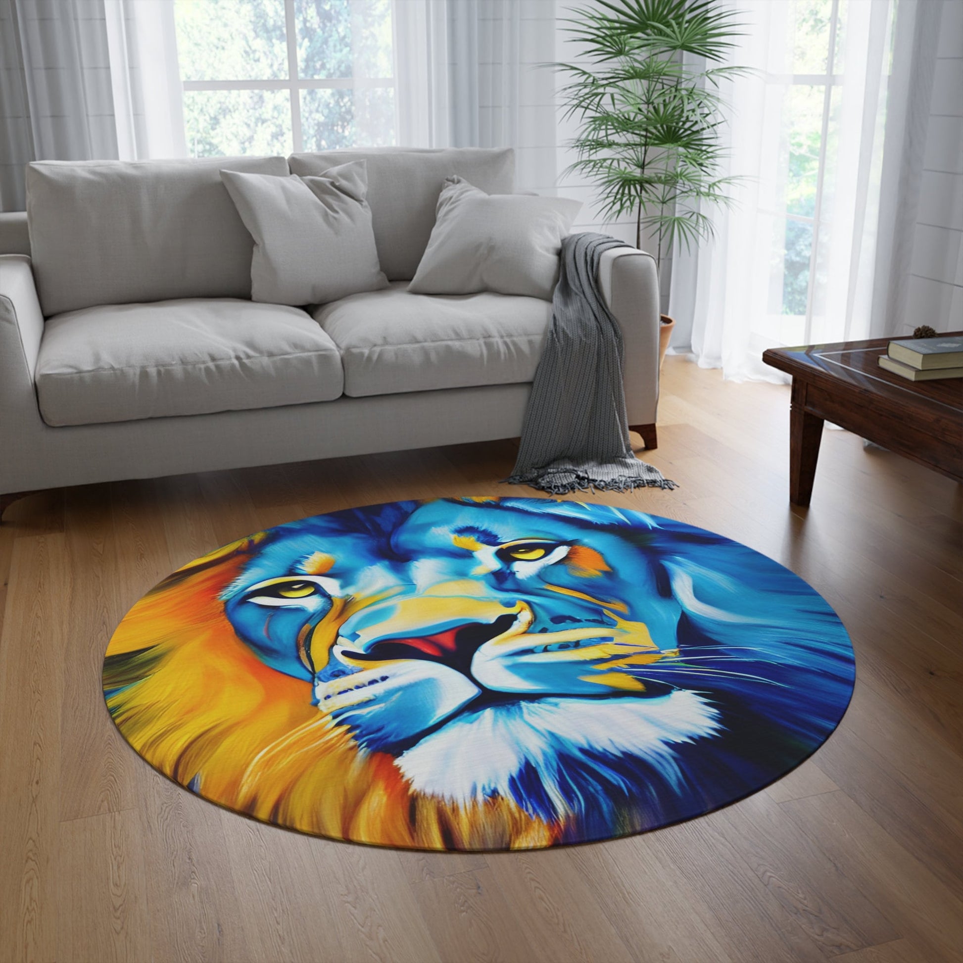 Lion Rug blue yellow 2x3 3x5 4x6 5x7 8x10 large rugs lions